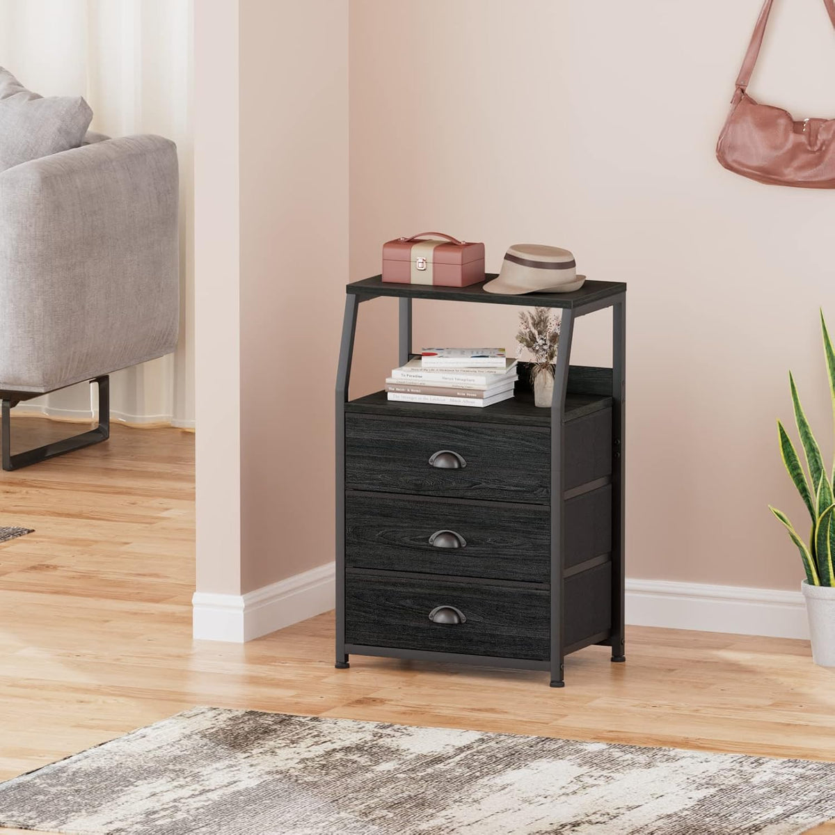 Tall Nightstand with 4 Fabric Drawers, Small Dresser for Bedroom | White Dorm Bedside Table , Dresser for Closet, Storage Drawer for Living Room, Entryway, Furniture, Metal Frame, Wood Top