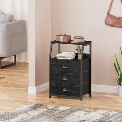 Tall Nightstand with 4 Fabric Drawers, Small Dresser for Bedroom | White Dorm Bedside Table , Dresser for Closet, Storage Drawer for Living Room, Entryway, Furniture, Metal Frame, Wood Top