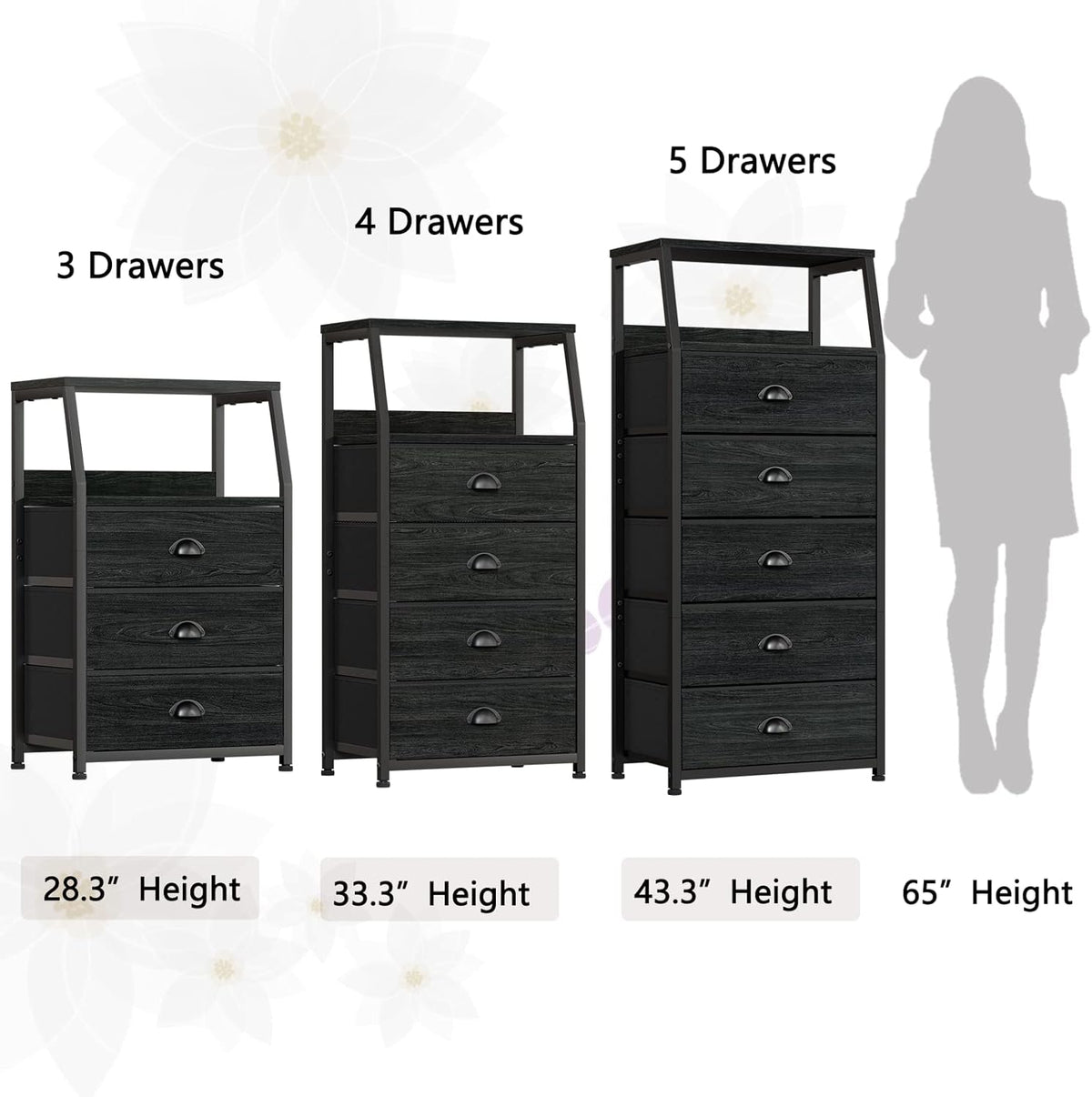 Tall Nightstand with 4 Fabric Drawers, Small Dresser for Bedroom | White Dorm Bedside Table , Dresser for Closet, Storage Drawer for Living Room, Entryway, Furniture, Metal Frame, Wood Top