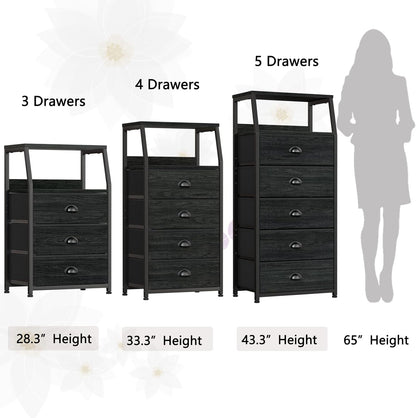 Tall Nightstand with 4 Fabric Drawers, Small Dresser for Bedroom | White Dorm Bedside Table , Dresser for Closet, Storage Drawer for Living Room, Entryway, Furniture, Metal Frame, Wood Top