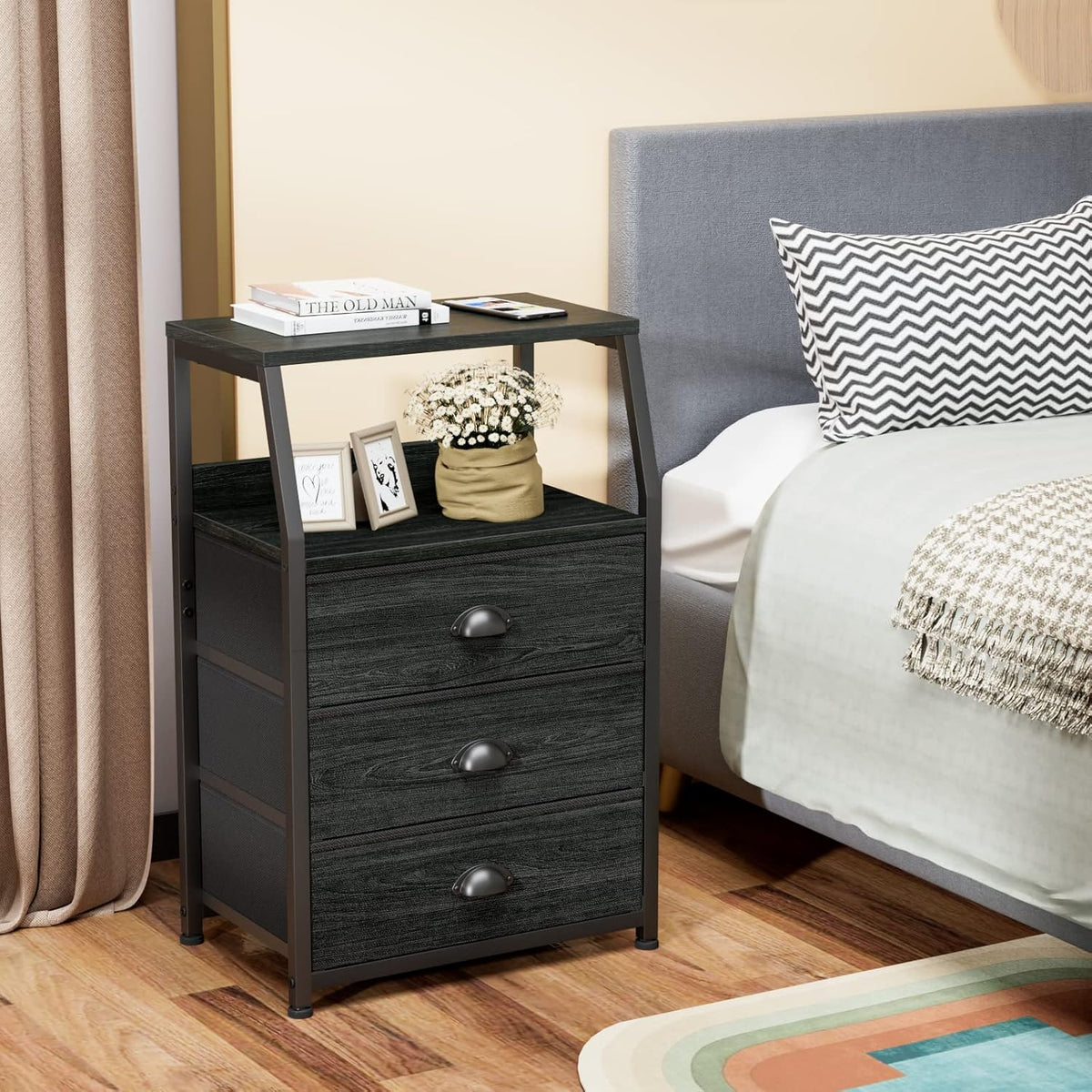 Tall Nightstand with 4 Fabric Drawers, Small Dresser for Bedroom | White Dorm Bedside Table , Dresser for Closet, Storage Drawer for Living Room, Entryway, Furniture, Metal Frame, Wood Top