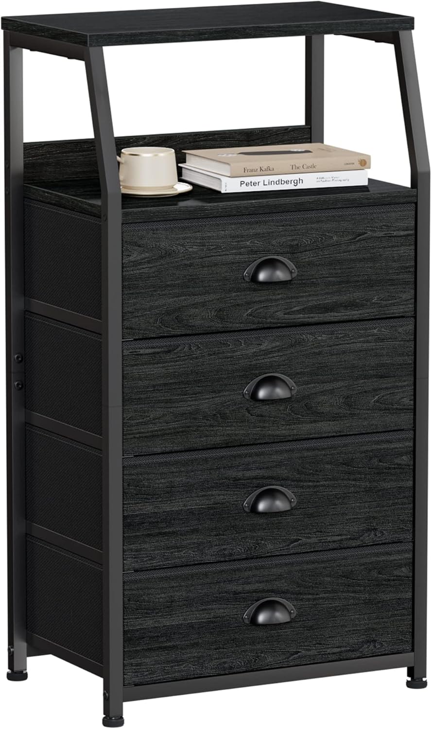 Tall Nightstand with 4 Fabric Drawers, Small Dresser for Bedroom | White Dorm Bedside Table , Dresser for Closet, Storage Drawer for Living Room, Entryway, Furniture, Metal Frame, Wood Top