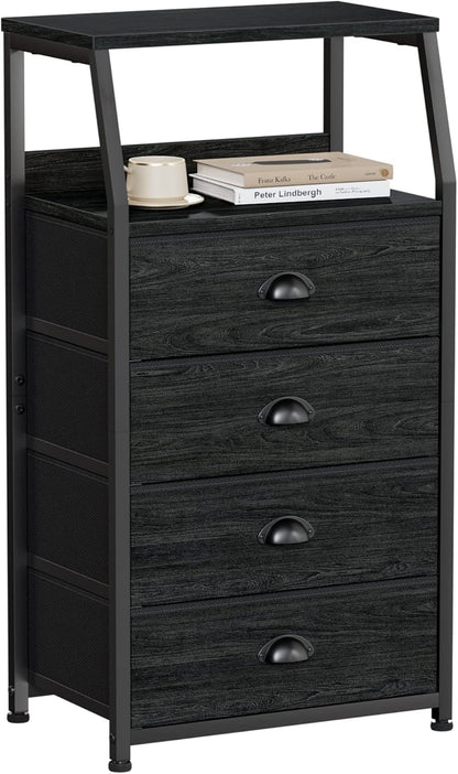 Tall Nightstand with 4 Fabric Drawers, Small Dresser for Bedroom | White Dorm Bedside Table , Dresser for Closet, Storage Drawer for Living Room, Entryway, Furniture, Metal Frame, Wood Top