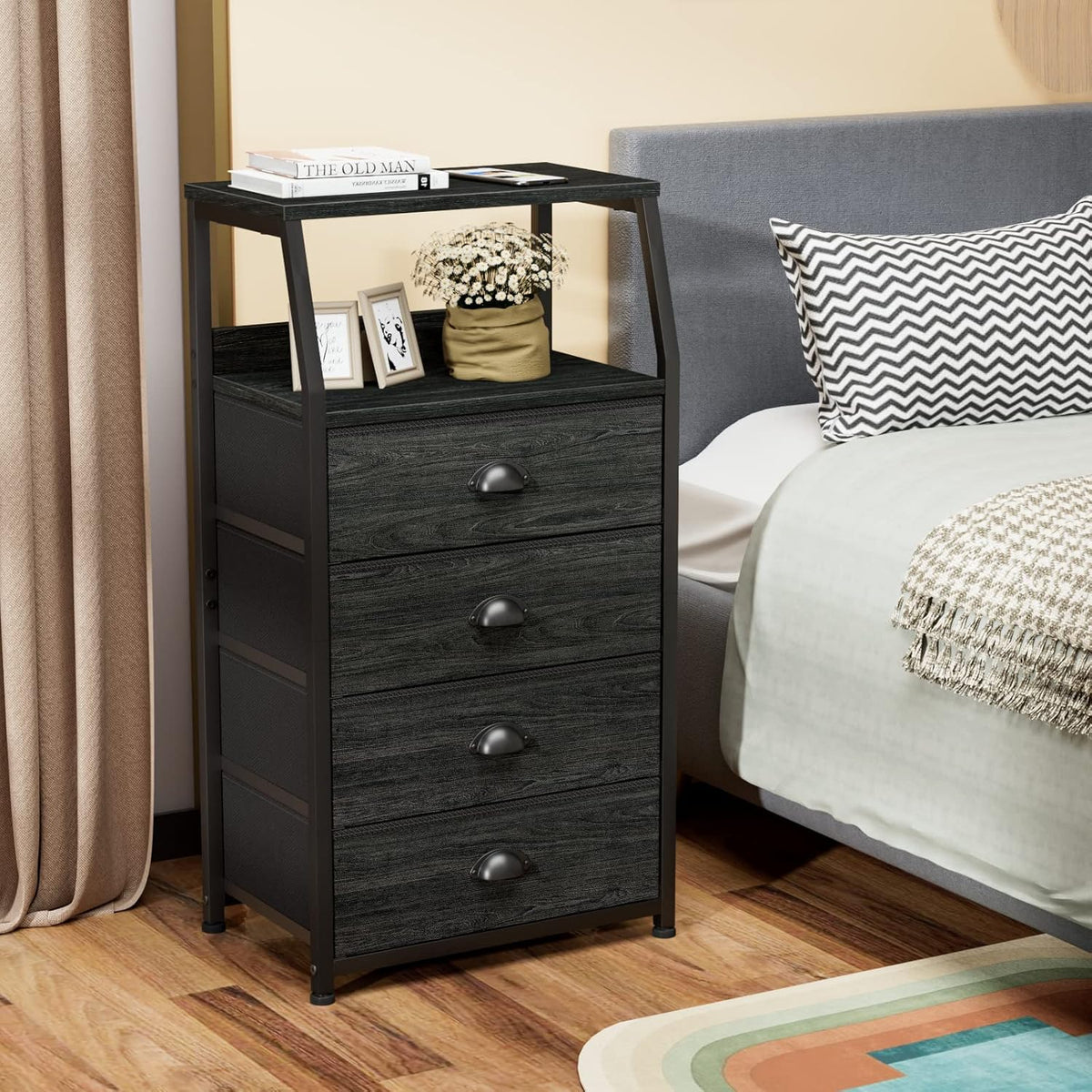 Tall Nightstand with 4 Fabric Drawers, Small Dresser for Bedroom | White Dorm Bedside Table , Dresser for Closet, Storage Drawer for Living Room, Entryway, Furniture, Metal Frame, Wood Top