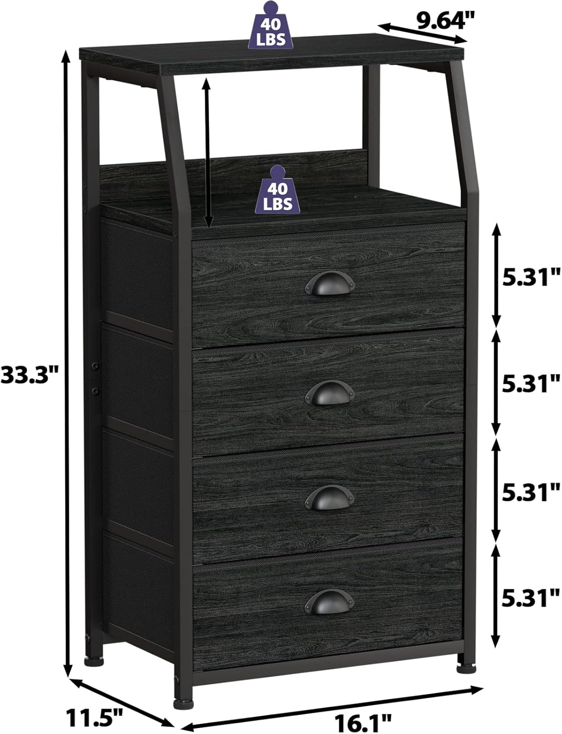 Tall Nightstand with 4 Fabric Drawers, Small Dresser for Bedroom | White Dorm Bedside Table , Dresser for Closet, Storage Drawer for Living Room, Entryway, Furniture, Metal Frame, Wood Top