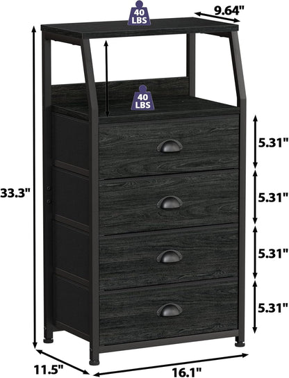 Tall Nightstand with 4 Fabric Drawers, Small Dresser for Bedroom | White Dorm Bedside Table , Dresser for Closet, Storage Drawer for Living Room, Entryway, Furniture, Metal Frame, Wood Top
