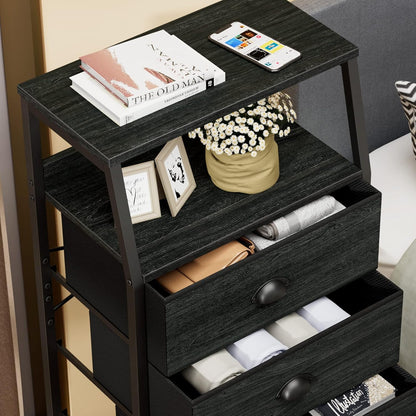 Tall Nightstand with 4 Fabric Drawers, Small Dresser for Bedroom | White Dorm Bedside Table , Dresser for Closet, Storage Drawer for Living Room, Entryway, Furniture, Metal Frame, Wood Top