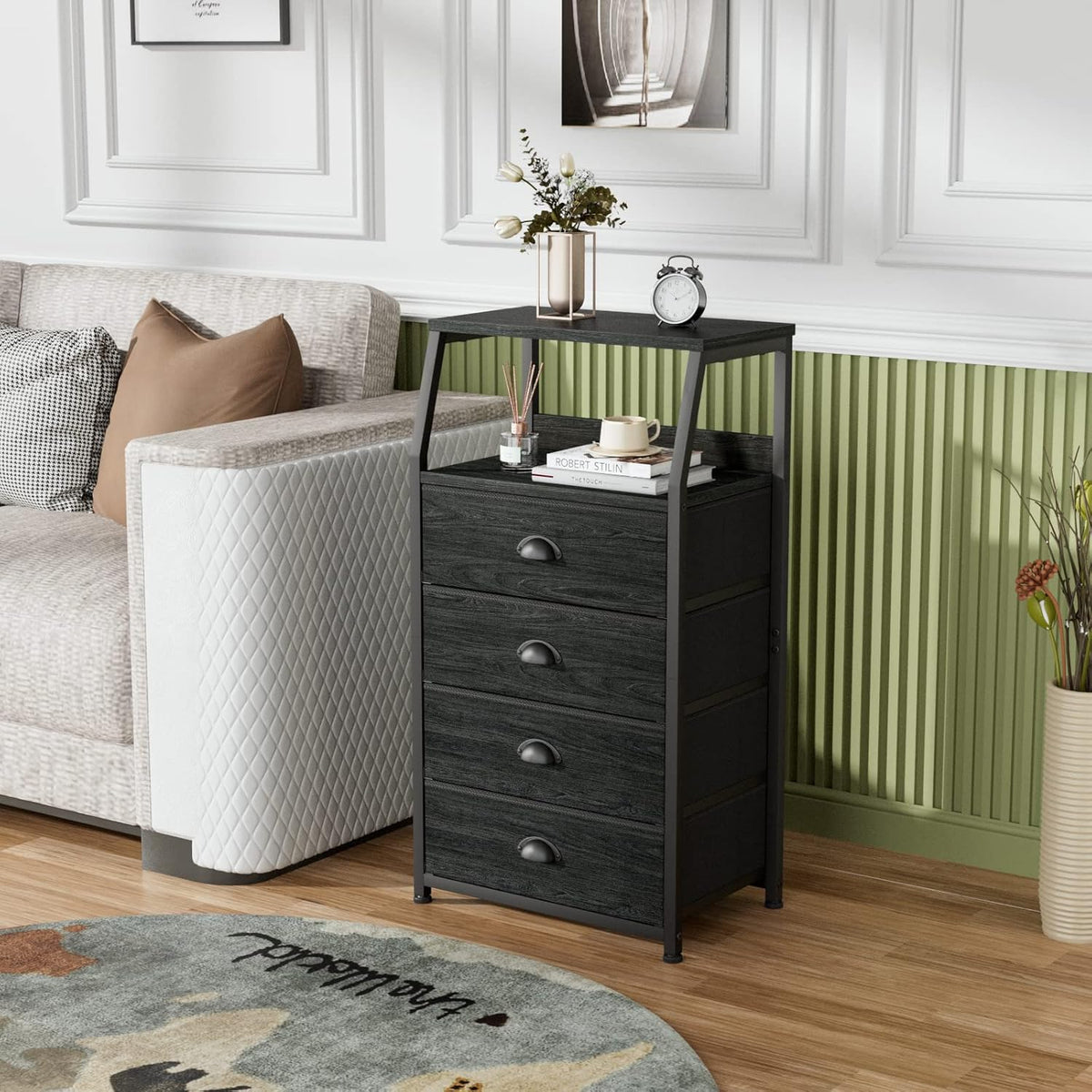 Tall Nightstand with 4 Fabric Drawers, Small Dresser for Bedroom | White Dorm Bedside Table , Dresser for Closet, Storage Drawer for Living Room, Entryway, Furniture, Metal Frame, Wood Top