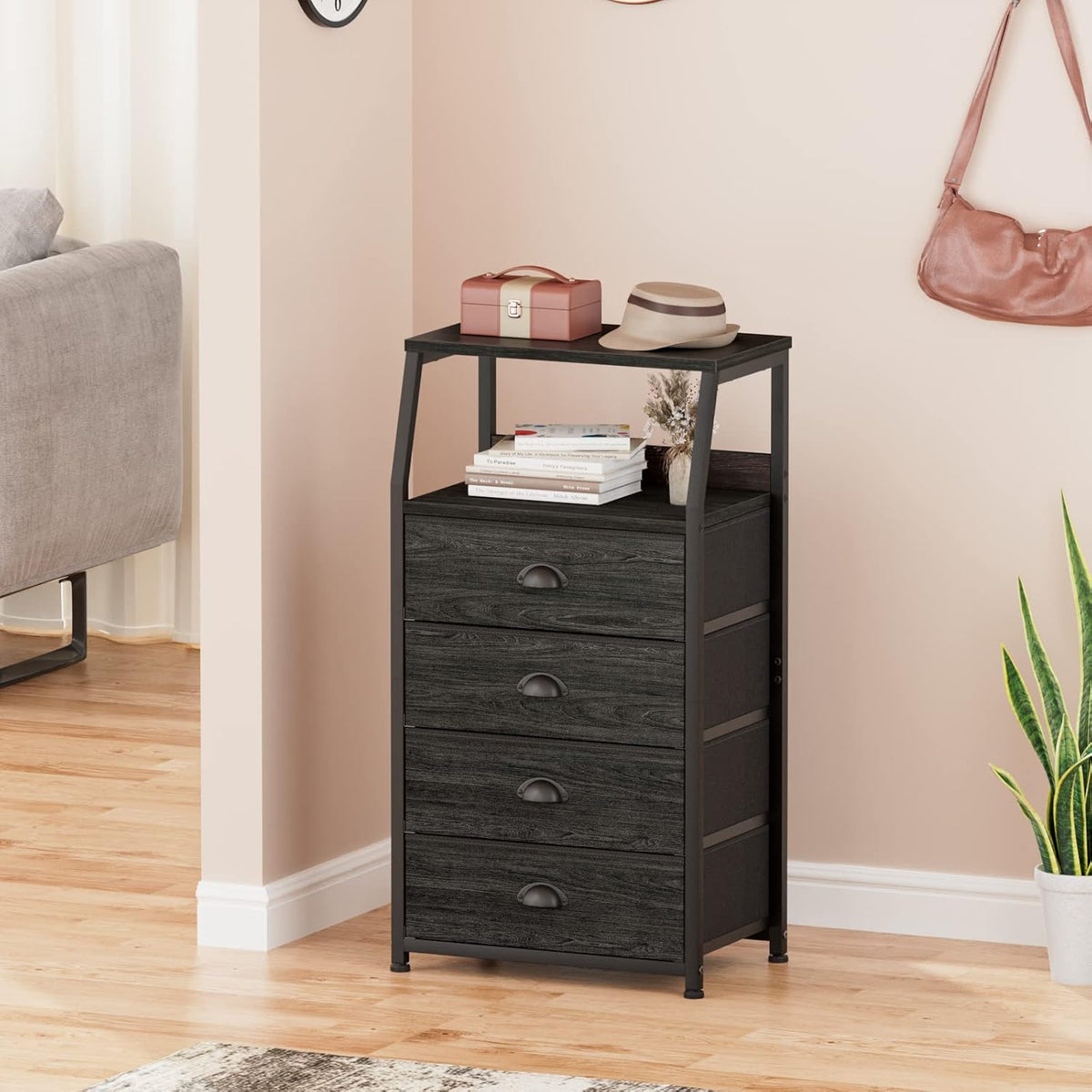 Tall Nightstand with 4 Fabric Drawers, Small Dresser for Bedroom | White Dorm Bedside Table , Dresser for Closet, Storage Drawer for Living Room, Entryway, Furniture, Metal Frame, Wood Top