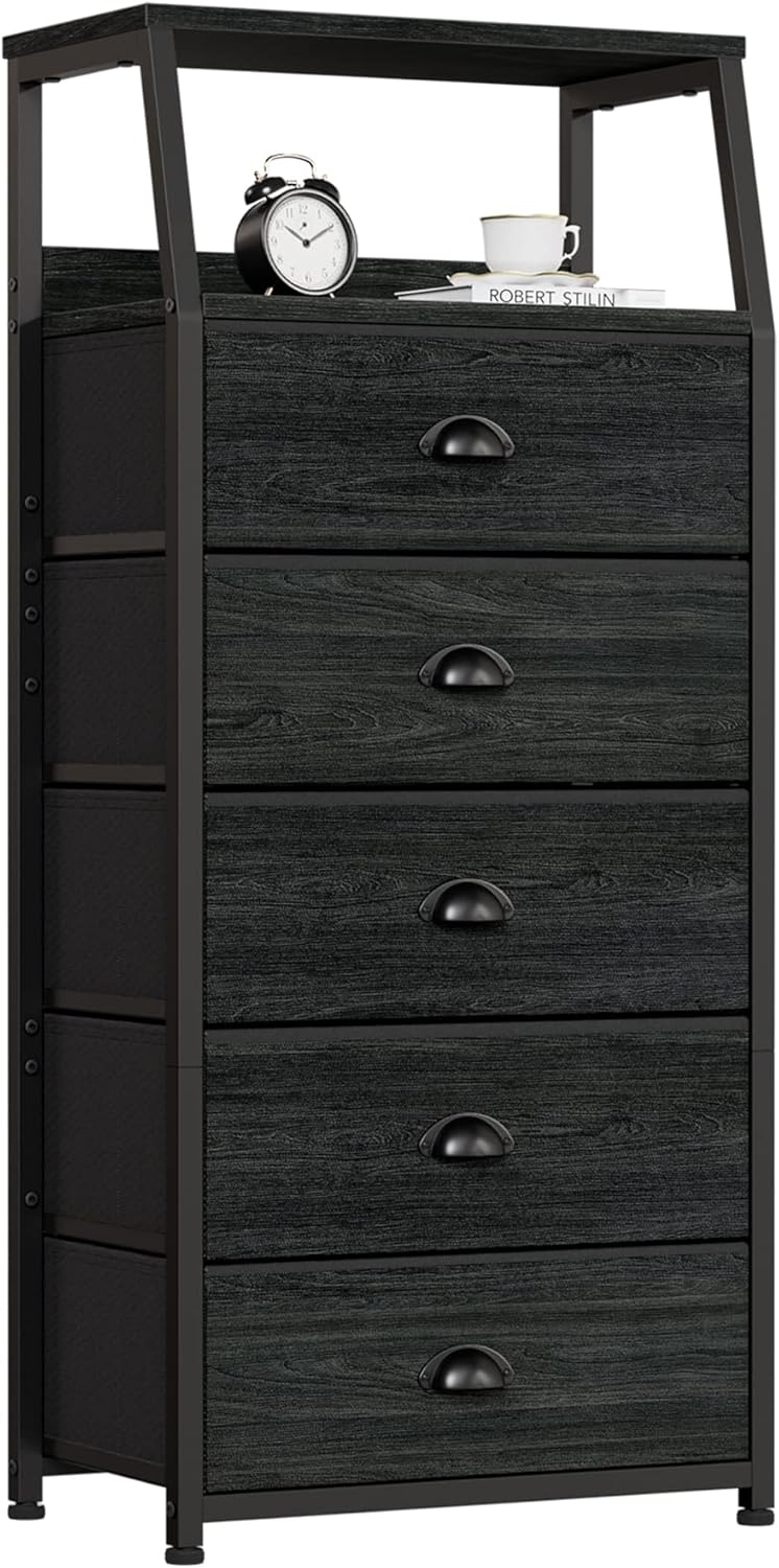 Tall Nightstand with 4 Fabric Drawers, Small Dresser for Bedroom | White Dorm Bedside Table , Dresser for Closet, Storage Drawer for Living Room, Entryway, Furniture, Metal Frame, Wood Top