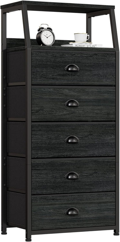 Tall Nightstand with 4 Fabric Drawers, Small Dresser for Bedroom | White Dorm Bedside Table , Dresser for Closet, Storage Drawer for Living Room, Entryway, Furniture, Metal Frame, Wood Top