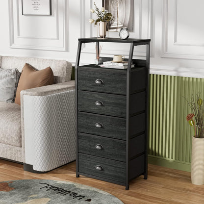 Tall Nightstand with 4 Fabric Drawers, Small Dresser for Bedroom | White Dorm Bedside Table , Dresser for Closet, Storage Drawer for Living Room, Entryway, Furniture, Metal Frame, Wood Top