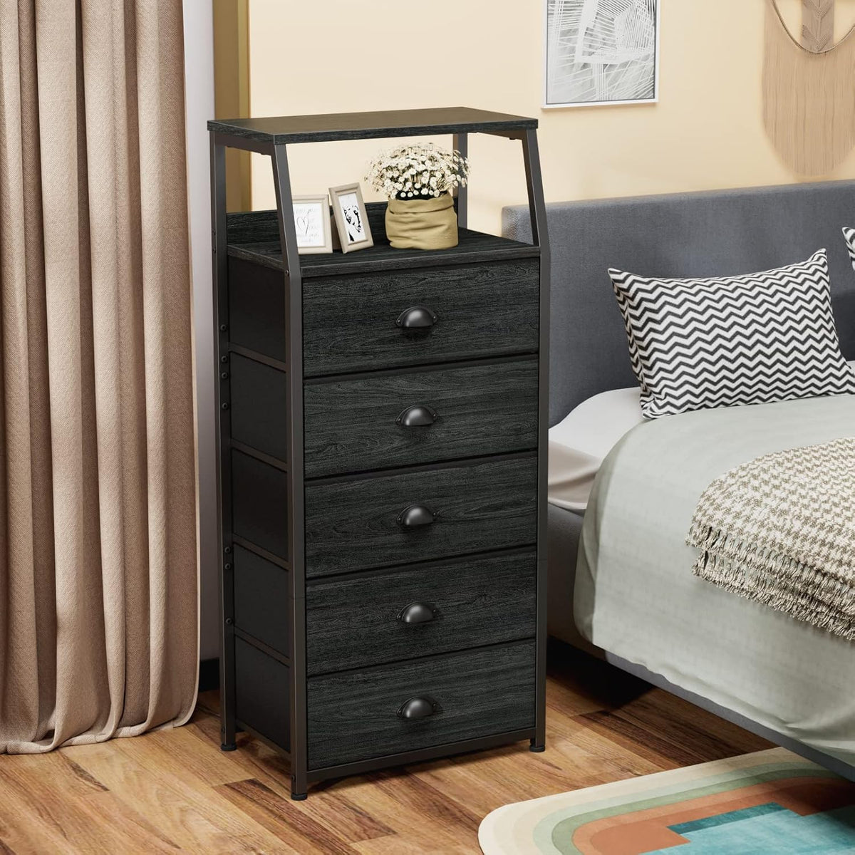 Tall Nightstand with 4 Fabric Drawers, Small Dresser for Bedroom | White Dorm Bedside Table , Dresser for Closet, Storage Drawer for Living Room, Entryway, Furniture, Metal Frame, Wood Top