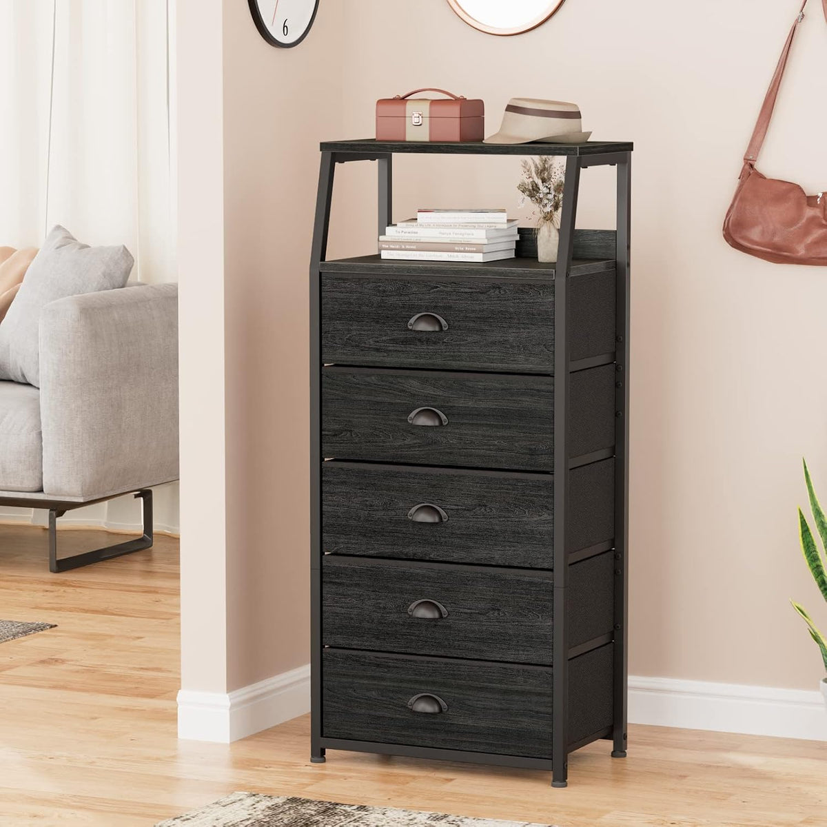 Tall Nightstand with 4 Fabric Drawers, Small Dresser for Bedroom | White Dorm Bedside Table , Dresser for Closet, Storage Drawer for Living Room, Entryway, Furniture, Metal Frame, Wood Top