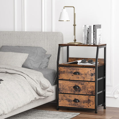 Tall Nightstand with 4 Fabric Drawers, Small Dresser for Bedroom | White Dorm Bedside Table , Dresser for Closet, Storage Drawer for Living Room, Entryway, Furniture, Metal Frame, Wood Top