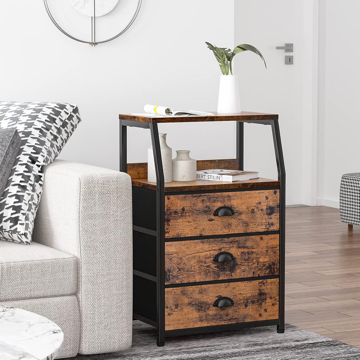 Tall Nightstand with 4 Fabric Drawers, Small Dresser for Bedroom | White Dorm Bedside Table , Dresser for Closet, Storage Drawer for Living Room, Entryway, Furniture, Metal Frame, Wood Top