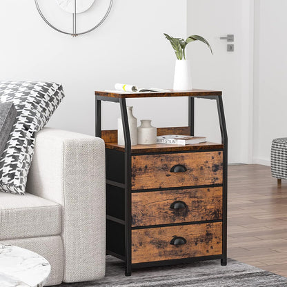 Tall Nightstand with 4 Fabric Drawers, Small Dresser for Bedroom | White Dorm Bedside Table , Dresser for Closet, Storage Drawer for Living Room, Entryway, Furniture, Metal Frame, Wood Top
