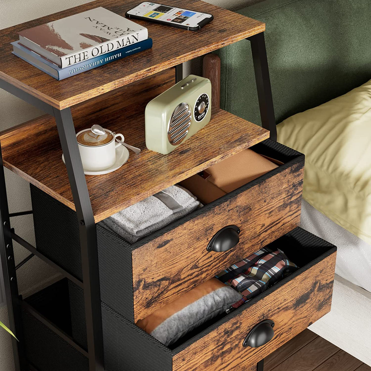 Tall Nightstand with 4 Fabric Drawers, Small Dresser for Bedroom | White Dorm Bedside Table , Dresser for Closet, Storage Drawer for Living Room, Entryway, Furniture, Metal Frame, Wood Top