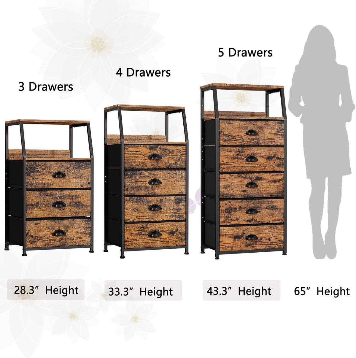 Tall Nightstand with 4 Fabric Drawers, Small Dresser for Bedroom | White Dorm Bedside Table , Dresser for Closet, Storage Drawer for Living Room, Entryway, Furniture, Metal Frame, Wood Top