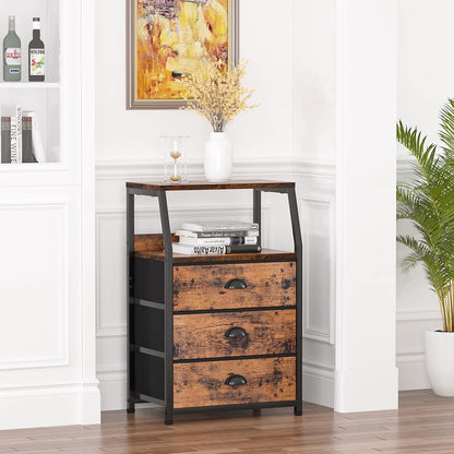 Tall Nightstand with 4 Fabric Drawers, Small Dresser for Bedroom | White Dorm Bedside Table , Dresser for Closet, Storage Drawer for Living Room, Entryway, Furniture, Metal Frame, Wood Top