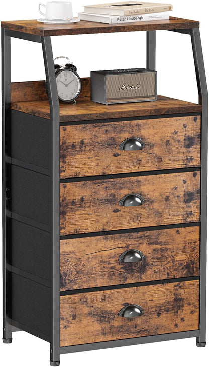 Tall Nightstand with 4 Fabric Drawers, Small Dresser for Bedroom | White Dorm Bedside Table , Dresser for Closet, Storage Drawer for Living Room, Entryway, Furniture, Metal Frame, Wood Top