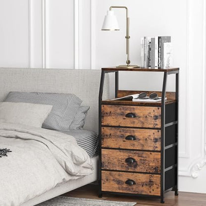 Tall Nightstand with 4 Fabric Drawers, Small Dresser for Bedroom | White Dorm Bedside Table , Dresser for Closet, Storage Drawer for Living Room, Entryway, Furniture, Metal Frame, Wood Top