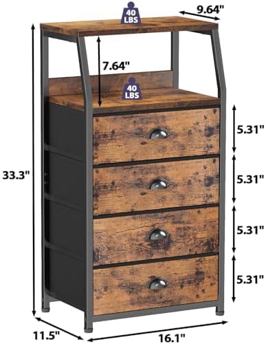 Tall Nightstand with 4 Fabric Drawers, Small Dresser for Bedroom | White Dorm Bedside Table , Dresser for Closet, Storage Drawer for Living Room, Entryway, Furniture, Metal Frame, Wood Top
