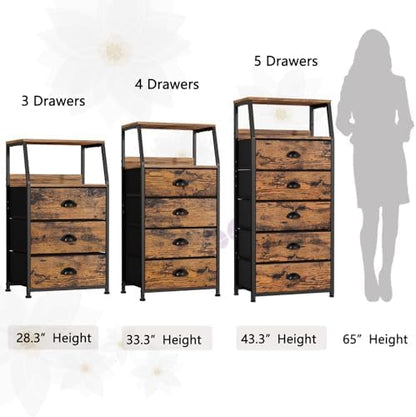 Tall Nightstand with 4 Fabric Drawers, Small Dresser for Bedroom | White Dorm Bedside Table , Dresser for Closet, Storage Drawer for Living Room, Entryway, Furniture, Metal Frame, Wood Top