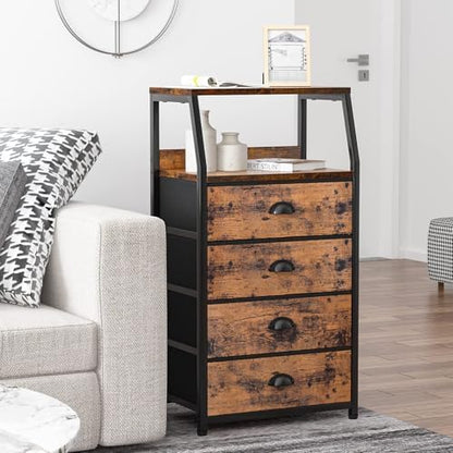 Tall Nightstand with 4 Fabric Drawers, Small Dresser for Bedroom | White Dorm Bedside Table , Dresser for Closet, Storage Drawer for Living Room, Entryway, Furniture, Metal Frame, Wood Top