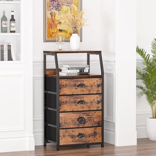 Tall Nightstand with 4 Fabric Drawers, Small Dresser for Bedroom | White Dorm Bedside Table , Dresser for Closet, Storage Drawer for Living Room, Entryway, Furniture, Metal Frame, Wood Top