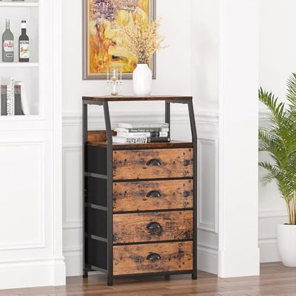 Tall Nightstand with 4 Fabric Drawers, Small Dresser for Bedroom | White Dorm Bedside Table , Dresser for Closet, Storage Drawer for Living Room, Entryway, Furniture, Metal Frame, Wood Top