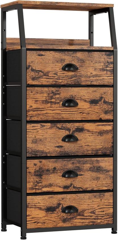 Tall Nightstand with 4 Fabric Drawers, Small Dresser for Bedroom | White Dorm Bedside Table , Dresser for Closet, Storage Drawer for Living Room, Entryway, Furniture, Metal Frame, Wood Top