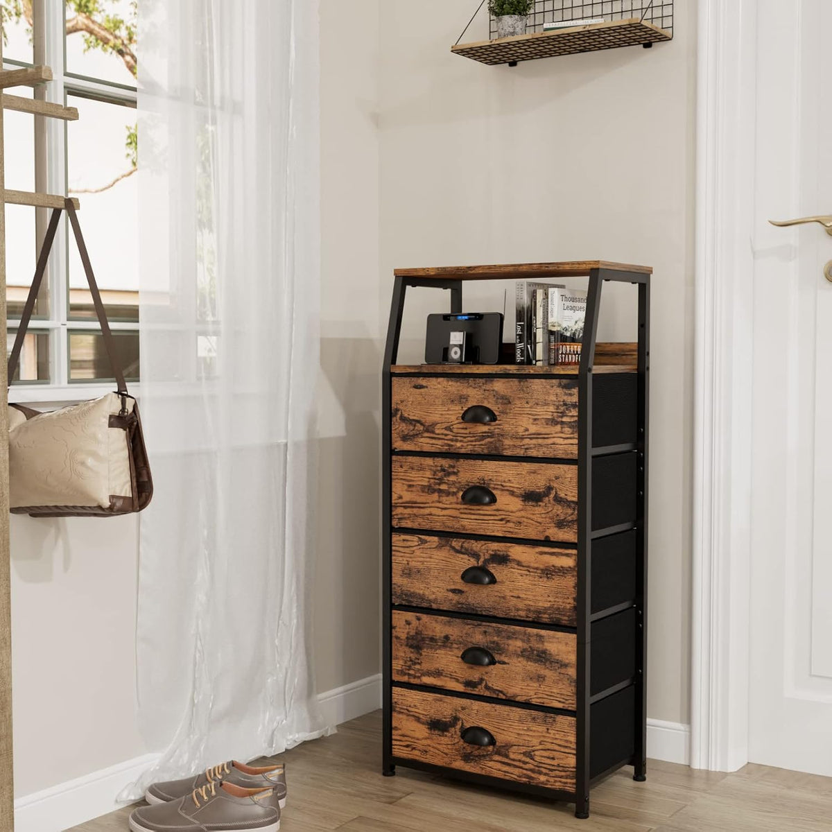 Tall Nightstand with 4 Fabric Drawers, Small Dresser for Bedroom | White Dorm Bedside Table , Dresser for Closet, Storage Drawer for Living Room, Entryway, Furniture, Metal Frame, Wood Top