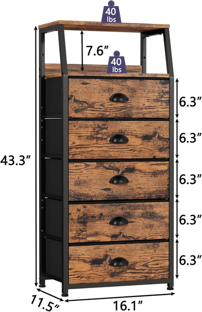 Tall Nightstand with 4 Fabric Drawers, Small Dresser for Bedroom | White Dorm Bedside Table , Dresser for Closet, Storage Drawer for Living Room, Entryway, Furniture, Metal Frame, Wood Top