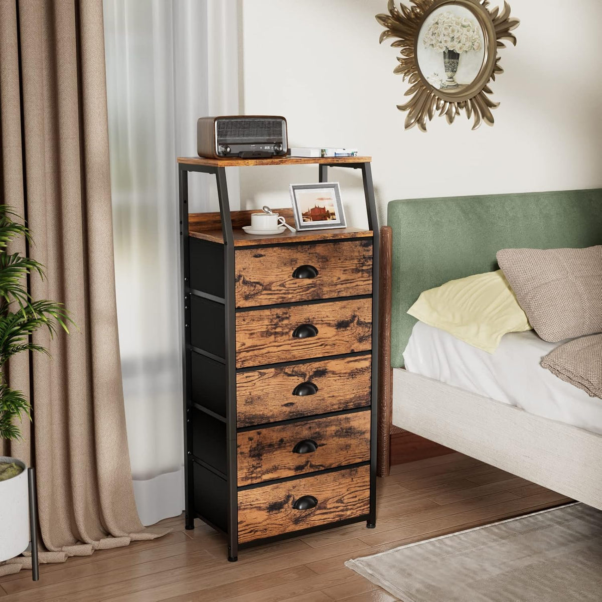 Tall Nightstand with 4 Fabric Drawers, Small Dresser for Bedroom | White Dorm Bedside Table , Dresser for Closet, Storage Drawer for Living Room, Entryway, Furniture, Metal Frame, Wood Top