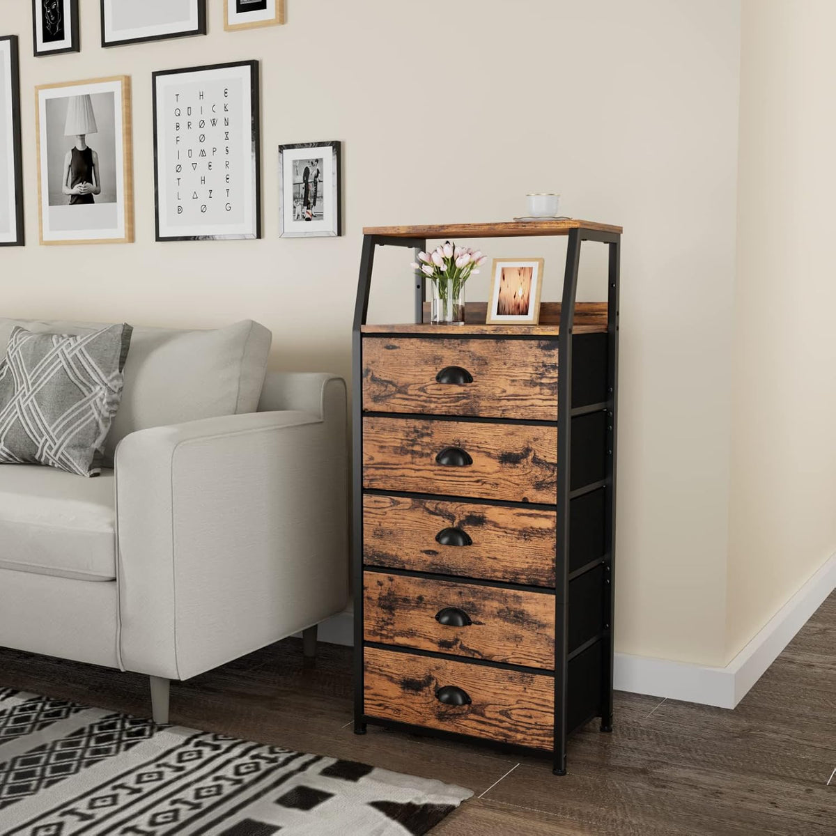 Tall Nightstand with 4 Fabric Drawers, Small Dresser for Bedroom | White Dorm Bedside Table , Dresser for Closet, Storage Drawer for Living Room, Entryway, Furniture, Metal Frame, Wood Top