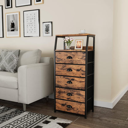 Tall Nightstand with 4 Fabric Drawers, Small Dresser for Bedroom | White Dorm Bedside Table , Dresser for Closet, Storage Drawer for Living Room, Entryway, Furniture, Metal Frame, Wood Top