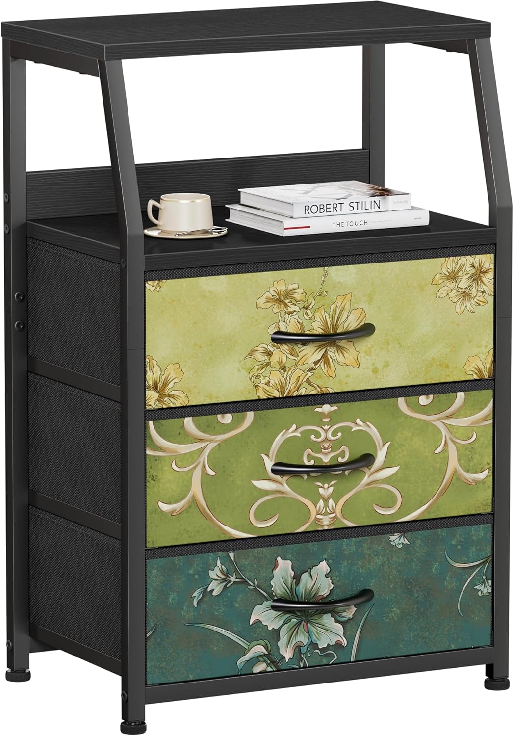 Tall Nightstand with 4 Fabric Drawers, Small Dresser for Bedroom | White Dorm Bedside Table , Dresser for Closet, Storage Drawer for Living Room, Entryway, Furniture, Metal Frame, Wood Top