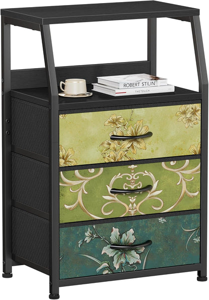 Tall Nightstand with 4 Fabric Drawers, Small Dresser for Bedroom | White Dorm Bedside Table , Dresser for Closet, Storage Drawer for Living Room, Entryway, Furniture, Metal Frame, Wood Top