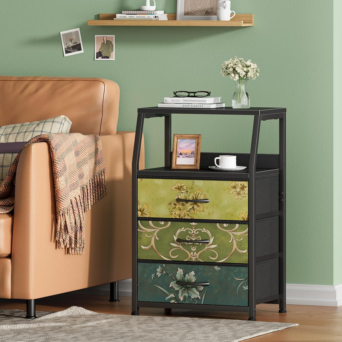 Tall Nightstand with 4 Fabric Drawers, Small Dresser for Bedroom | White Dorm Bedside Table , Dresser for Closet, Storage Drawer for Living Room, Entryway, Furniture, Metal Frame, Wood Top