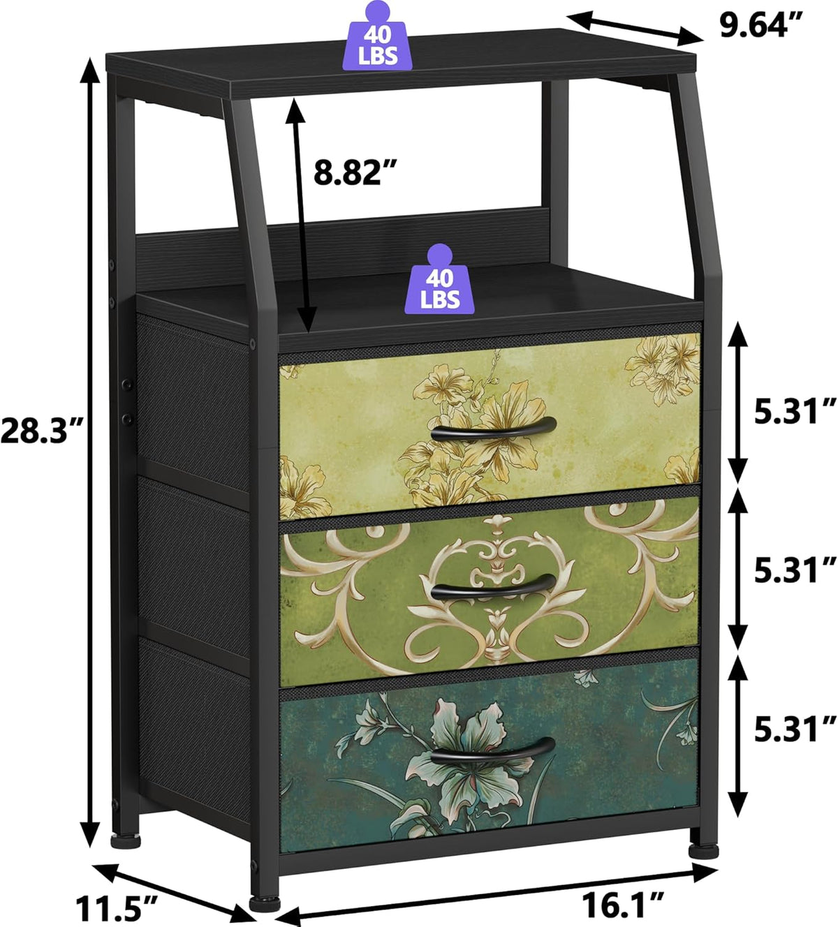 Tall Nightstand with 4 Fabric Drawers, Small Dresser for Bedroom | White Dorm Bedside Table , Dresser for Closet, Storage Drawer for Living Room, Entryway, Furniture, Metal Frame, Wood Top