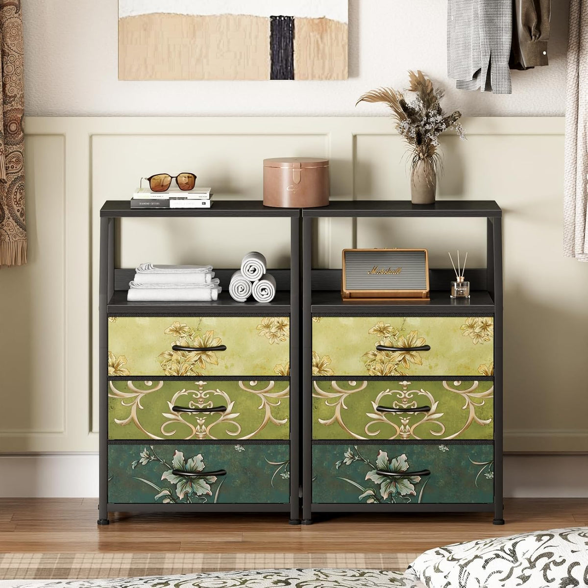 Tall Nightstand with 4 Fabric Drawers, Small Dresser for Bedroom | White Dorm Bedside Table , Dresser for Closet, Storage Drawer for Living Room, Entryway, Furniture, Metal Frame, Wood Top