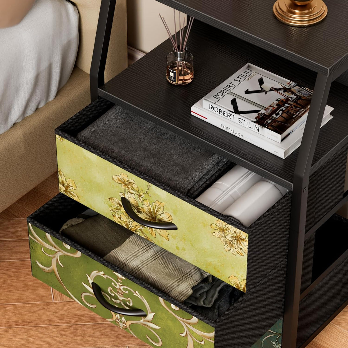 Tall Nightstand with 4 Fabric Drawers, Small Dresser for Bedroom | White Dorm Bedside Table , Dresser for Closet, Storage Drawer for Living Room, Entryway, Furniture, Metal Frame, Wood Top