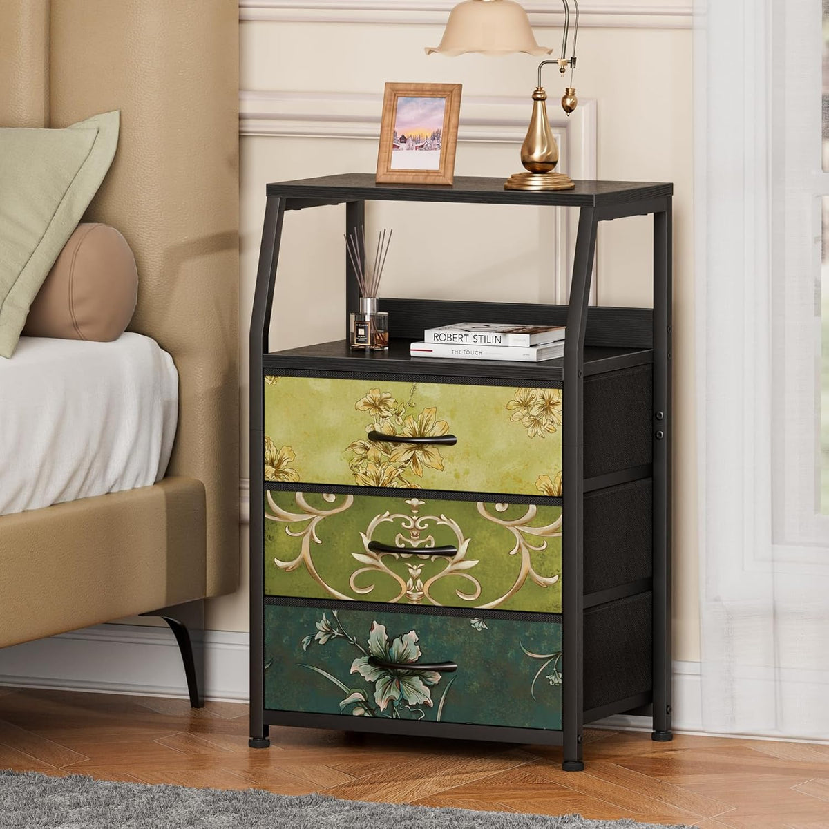 Tall Nightstand with 4 Fabric Drawers, Small Dresser for Bedroom | White Dorm Bedside Table , Dresser for Closet, Storage Drawer for Living Room, Entryway, Furniture, Metal Frame, Wood Top
