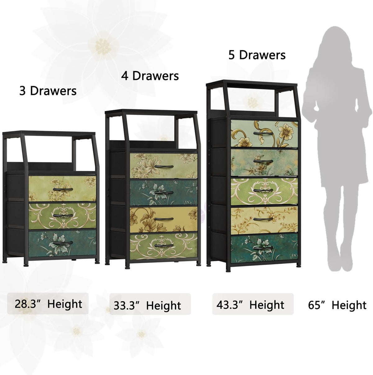 Tall Nightstand with 4 Fabric Drawers, Small Dresser for Bedroom | White Dorm Bedside Table , Dresser for Closet, Storage Drawer for Living Room, Entryway, Furniture, Metal Frame, Wood Top