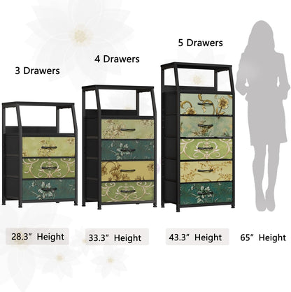 Tall Nightstand with 4 Fabric Drawers, Small Dresser for Bedroom | White Dorm Bedside Table , Dresser for Closet, Storage Drawer for Living Room, Entryway, Furniture, Metal Frame, Wood Top