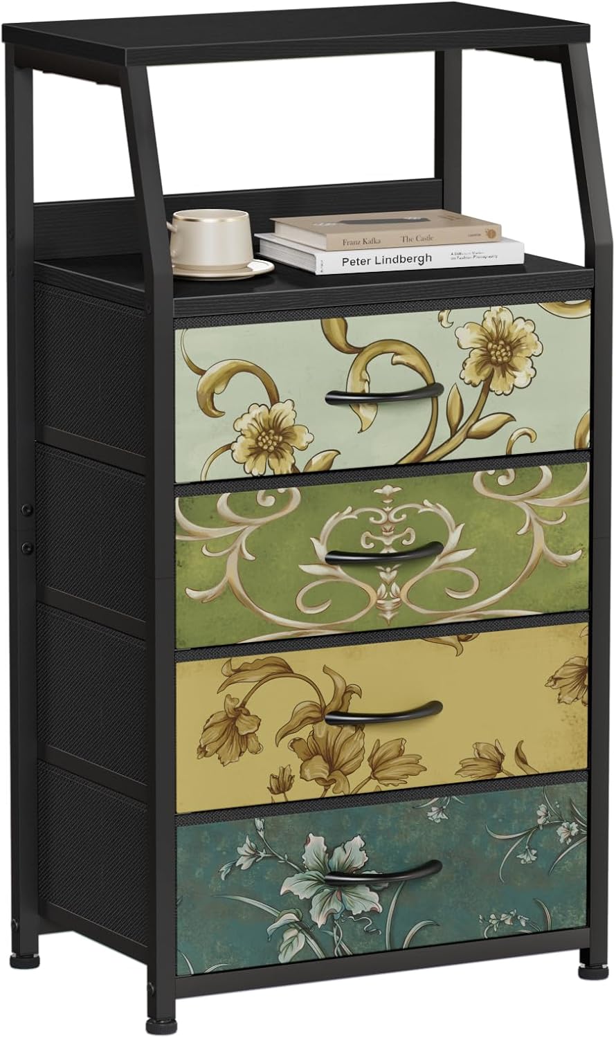 Tall Nightstand with 4 Fabric Drawers, Small Dresser for Bedroom | White Dorm Bedside Table , Dresser for Closet, Storage Drawer for Living Room, Entryway, Furniture, Metal Frame, Wood Top