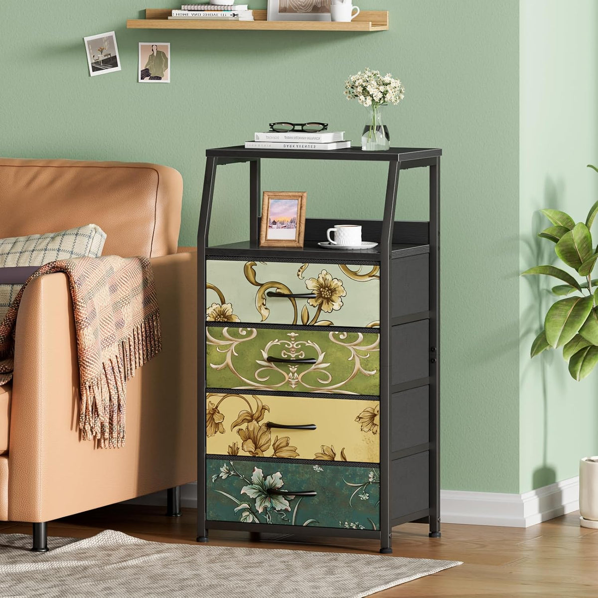 Tall Nightstand with 4 Fabric Drawers, Small Dresser for Bedroom | White Dorm Bedside Table , Dresser for Closet, Storage Drawer for Living Room, Entryway, Furniture, Metal Frame, Wood Top