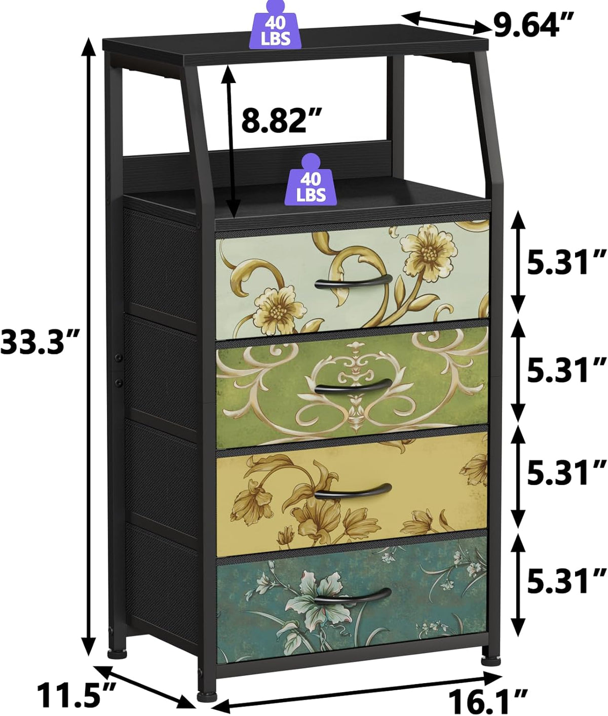 Tall Nightstand with 4 Fabric Drawers, Small Dresser for Bedroom | White Dorm Bedside Table , Dresser for Closet, Storage Drawer for Living Room, Entryway, Furniture, Metal Frame, Wood Top
