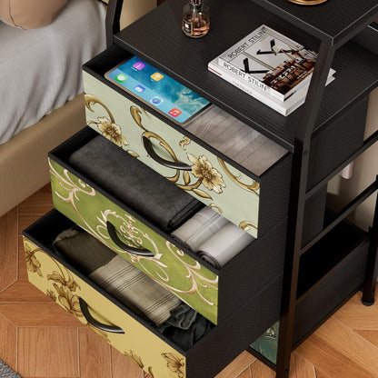 Tall Nightstand with 4 Fabric Drawers, Small Dresser for Bedroom | White Dorm Bedside Table , Dresser for Closet, Storage Drawer for Living Room, Entryway, Furniture, Metal Frame, Wood Top